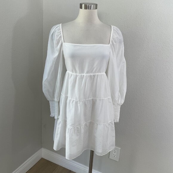 NEW Alice + Olivia Dress Womens Large White Puff Sleeve Bow Back Tiered Mini